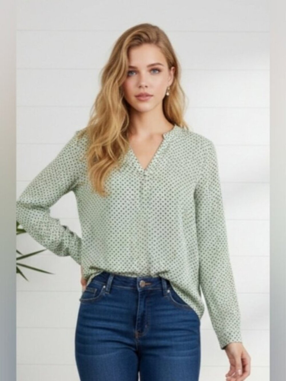 Joie SZ S Green Blue 100% Silk Collarless 1/2  Button Down Long Sleeve Blouse